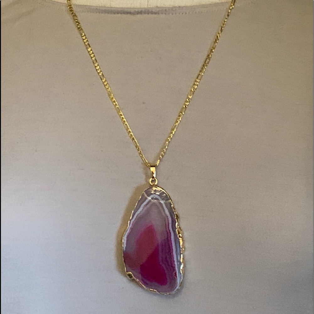 Sliced Pink Agate Pendant with Gold Necklace